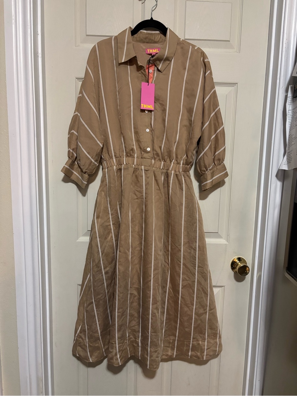 THML Cream-Striped Tan Midi Shirt Dress